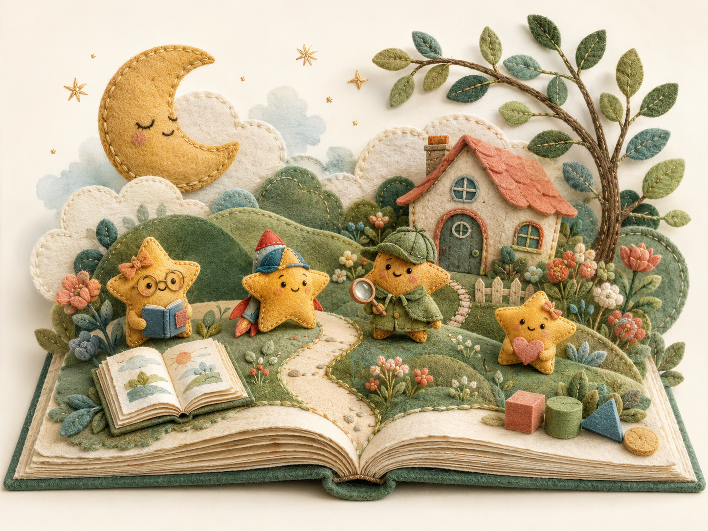 A handmade storybook world with four little family stars